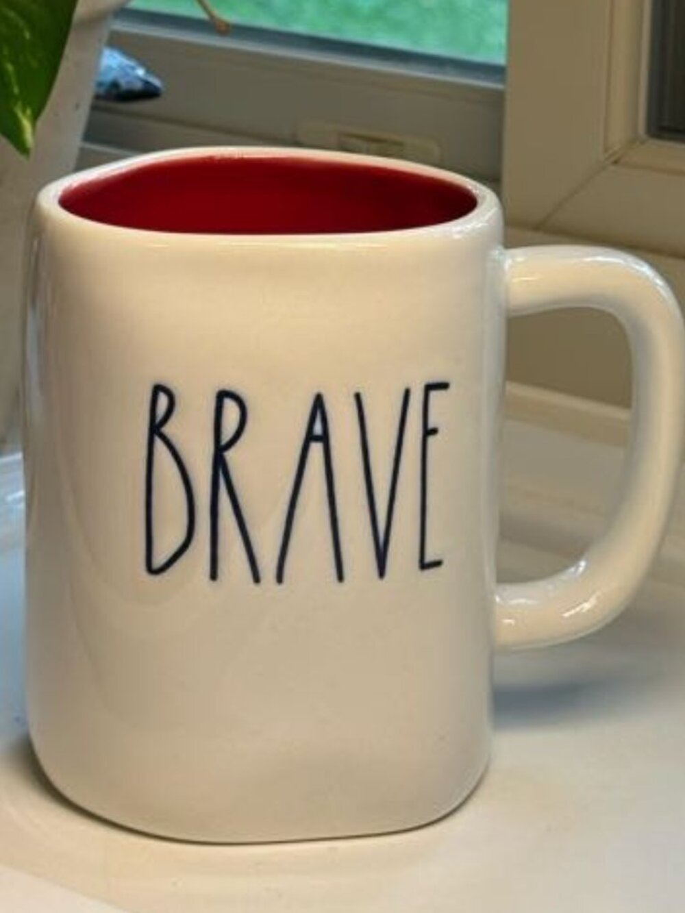 Rae Dunn BRAVE White Ceramic Mug with Red Interior